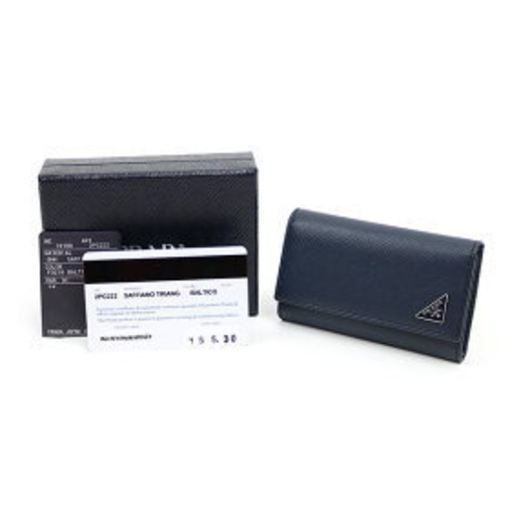 Prada Triangle Leather Key Case Rows Navy Blue Sa… - image 1